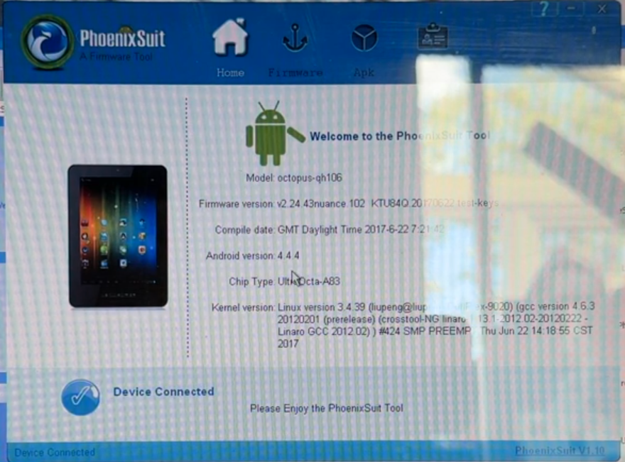 Phoenixsuit software screenshot from the upgrade video